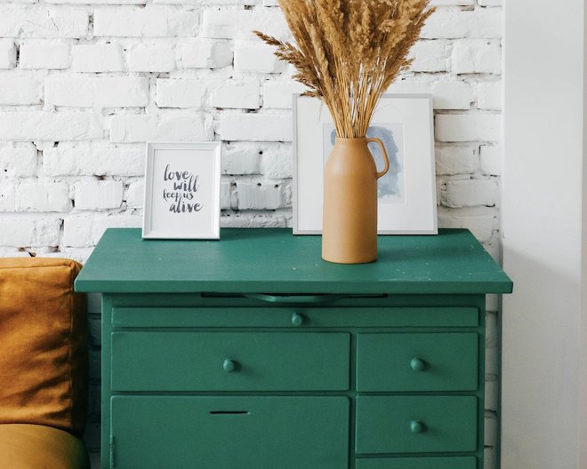 Green drawer with decor
